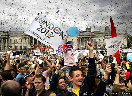 Britain celebrates in Trafalgar Square in 2005 after London is announced as the host city for the 2012 Olympics