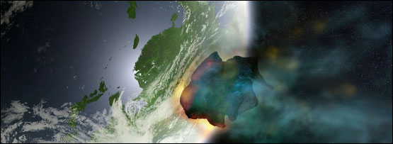 A computer-generated image of an asteroid on collision course with Earth from the series 'Space' (BBC, 2001)