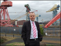 Mike Adie in front of the Swan Hunter cranes