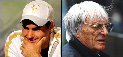 Roger Federer (Izq.) y Bernie Ecclestone 