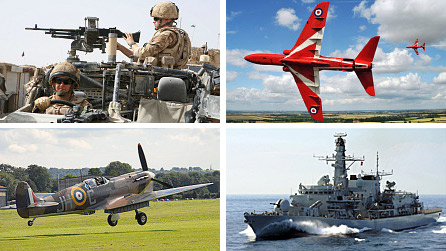 Clockwise from top left: Army vehicle on patrol in Afghanistan, Red Arrow in flight (© Crown Copyright), Spitfire, HMS Kent (© Crown Copyright)