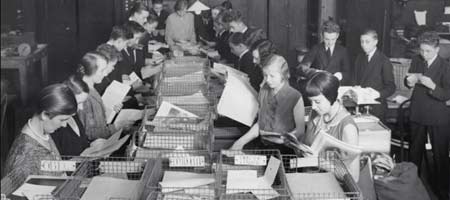 BBC staff sorting the post at Savoy Hill (1930)