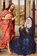 Jesus, having risen from the dead and wearing his burial shroud, approaches an astonished and fearful-looking Mary