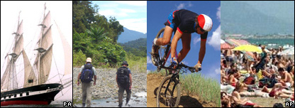 A sailing ship, people trekking, a mountain biker and people sunbathing