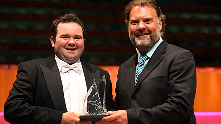 John Pierce receives the trophy from Bryn Terfel (photograph: Brian Tarr)