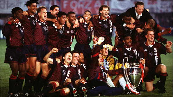 The Ajax players celebrate after their 1995 Champions League triumph