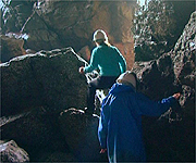 Miranda Krestovnikoff and Ann Allen working their way through Gouliot Caves