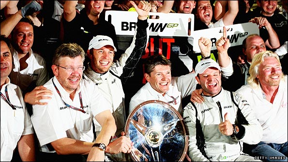Brawn GP celebrate Jenson Button's victory in Melbourne