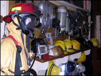 Breathing apparatus and helmets on show.