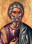 Religious icon of Saint Andrew with halo and right hand raised in benediction