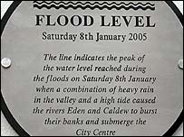 Flood sign on Joiners Arms, Caldewgate, Carlisle