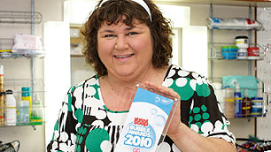 Cheryl Fergison with her gong