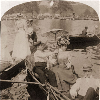 Henley Regatta: 1888: People messing about in boats during the Henley Regatta on the River Thames.