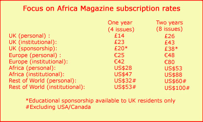Focus on Africa magazine's subscription rates