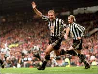 Shearer celebrates scoring against Sheff United