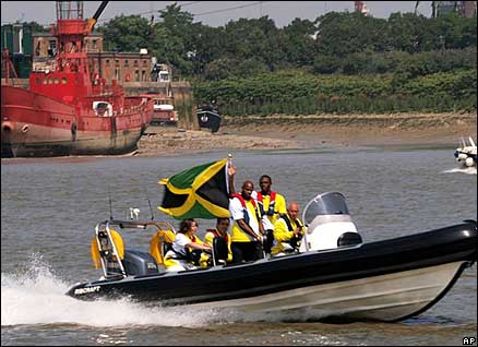 Bolt and Powell arrive in style on the River Thames