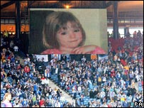 Big screen showing Madeleine McCann at UEFA Cup Final