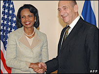 A secretária de Estado americana, Condoleezza Rice, e o primeiro-ministro de Israel, Ehud Olmert
