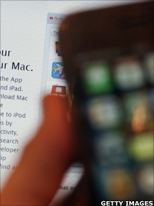 A computer displays onscreen the new Apple App store 