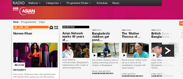 Screen grab of new Asian Network homepage, with several features marking the anniversary of the independence of Bangladesh.