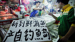 Người bán cá ở một khu chợ ở Bắc Kinh