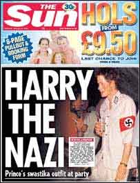 Capa do tablóide 'The Sun', com foto do príncipe Harry vestido de nazista
