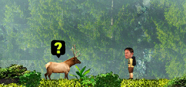 Steve Backshall looking at an elk in the Deadly Planet game