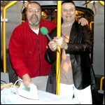 Paul and Ian ironing on a metro train.