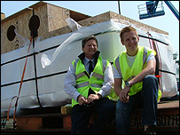Alan and Rhys with the boat at Southampton Docks