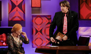 Vivienne Westwood observes as Jonathan models his underpants on Friday Night With Jonathan Ross