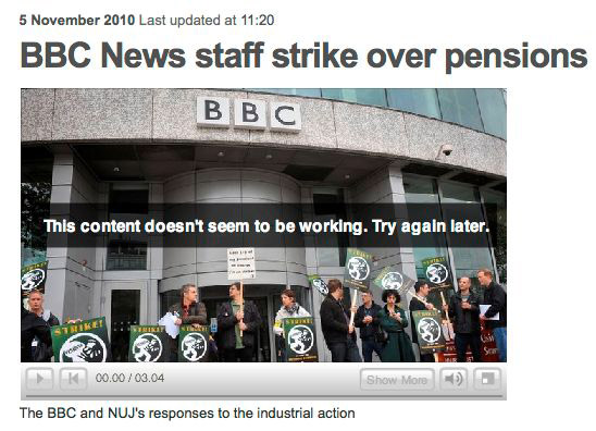 Headline: BBC Staff strike over pensions. Picture: a video player with the message 'this content doesn't seem to be working, please try again later'.