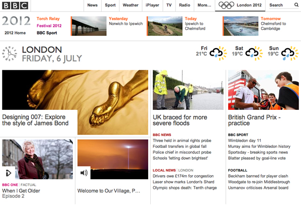 Screen grab of BBC Homepage with the Olympic area extended at the top and promoting three days of the torch relay.