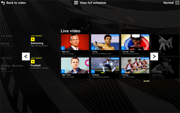 A carousel of live video options, showing two just missed and six current videos