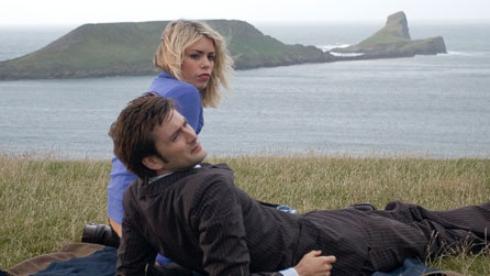 David Tennant as the Doctor and Billie Piper as Rose Tyler on location in the Gower filming Doctor Who: New Earth.