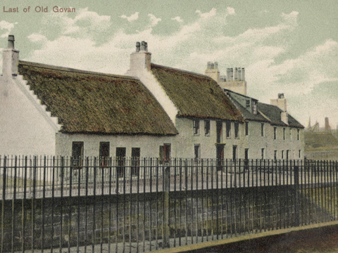 Hand-coloured view of thatched cottages at Water Row in Govan.