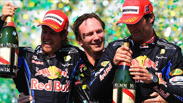 Vettel celebrates victory in the Brazilian Grand Prix