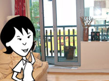 Helen on the phone in the sitting room