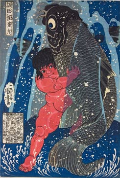 Utagawa Kuniyoshi Sakata Kaidō-maru wrestles with a giant carp, c. 1837