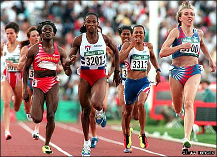 Maria Mutola (left) is beaten in the final of the 800m at the 1996 Olympics by Russia's Svetlana Masterkova (right) and Ana Fidelia Quirot from Cuba (second left)