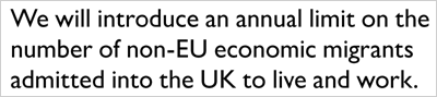 We will introduce an annual limit on the number of non-EU economic migrants admitted into the UK to live and work
