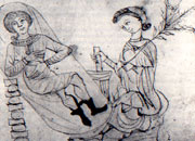 Old manuscript illustration showing a pregnant woman reclining while another holds some pennyroyal in one hand and prepares a concotion using a mortar and pestle with the other