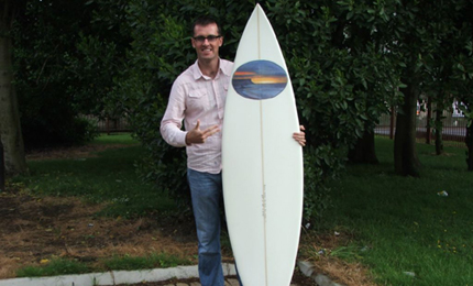 'Bless this lil baby'. I just got a new Rosy board, hand painted by Lurgan artist Billy Hussey. 6 5', and light as a feather - a whole new ball game for me. Pic: Steve McCauley June 06