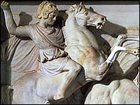 Alexander the Great in battle on his horse, Bucephalas