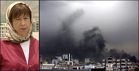 The BBC's Lyse Doucet and a view of black smoke rising above the Tehran skyline following protests