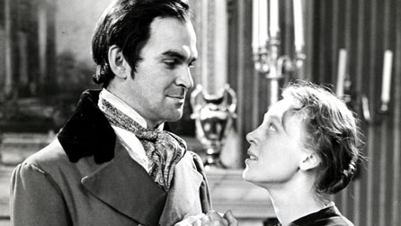 Black and white photograph of Stanley Baker (Mr Rochester) and Daphne Slater (Jane) in the 1956 BBC production of Jane Eyre
