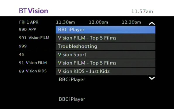 BBC iPlayer on BT Vision channell 990