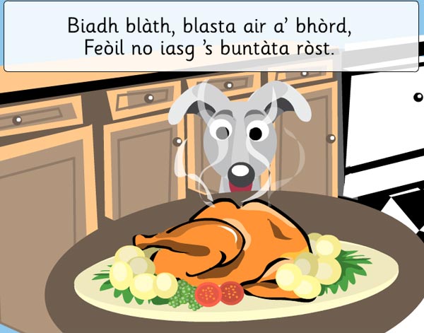 Biadh blàth, blasta air a? bhòrd, Feòil no iasg ?s buntàta ròst.