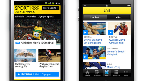 Mock up on two mobile phones; the homepage, and a live video tab with navigation buttons at the bottom