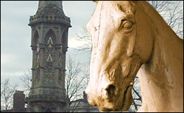 Montage: Banbury Cross and the unfinished statue 
