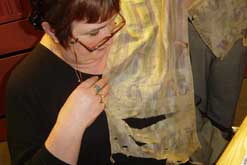 Jenni holding the Suffragette sash Emily tried to put over the King's horse